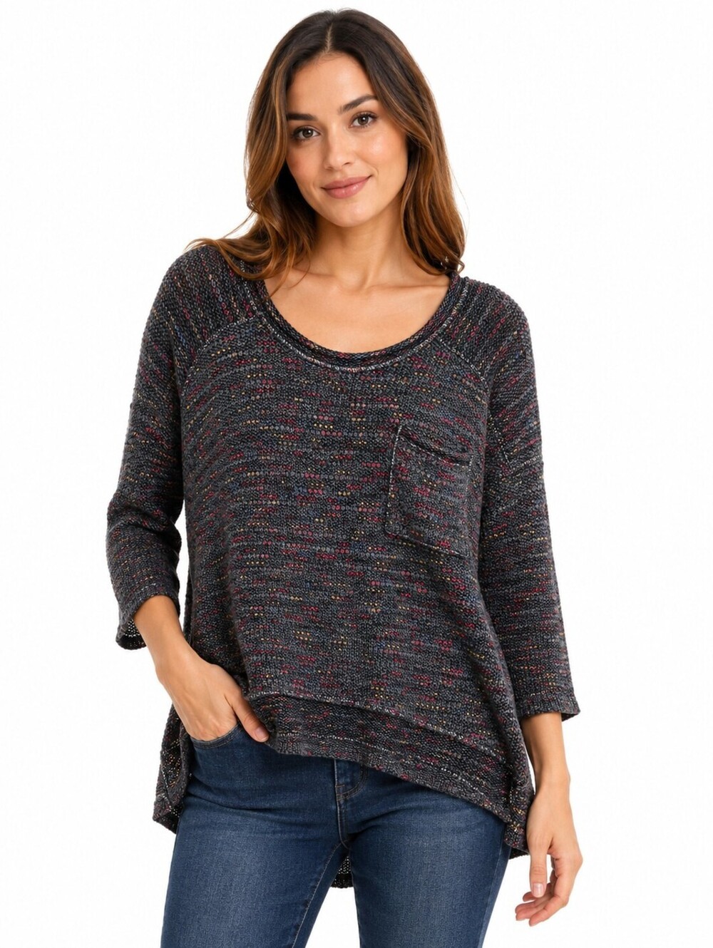 Angela Mara Marled Knit  Black Multicolor Long Sleeve Oversized  Sweater -Medium